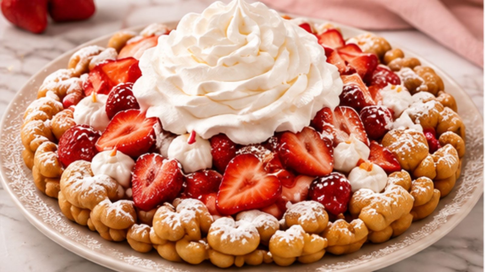 Loaded Dezzi's funnel cake with strawberries and whipped cream